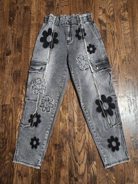 Oli & Hali x Bar Washed Stretch Daisy Cargo Denim Pants Black wash size medium